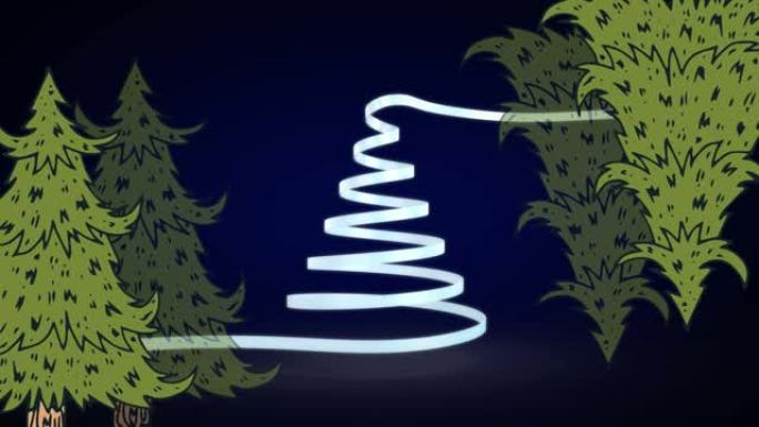 黑色背景上形成圣诞树的圣诞白色丝带动画
