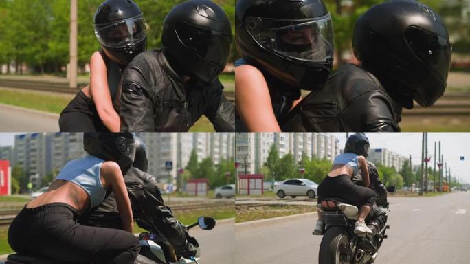 年轻女子拥抱男友一起骑摩托车
