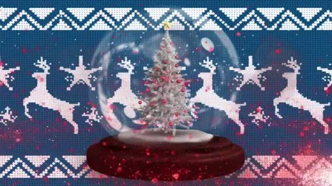 在传统的蓝色圣诞节图案的雪球中，围绕圣诞树的流星
