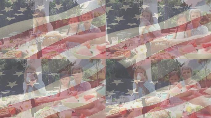 美国国旗在快乐的高加索家庭共进晚餐和交谈中的动画
