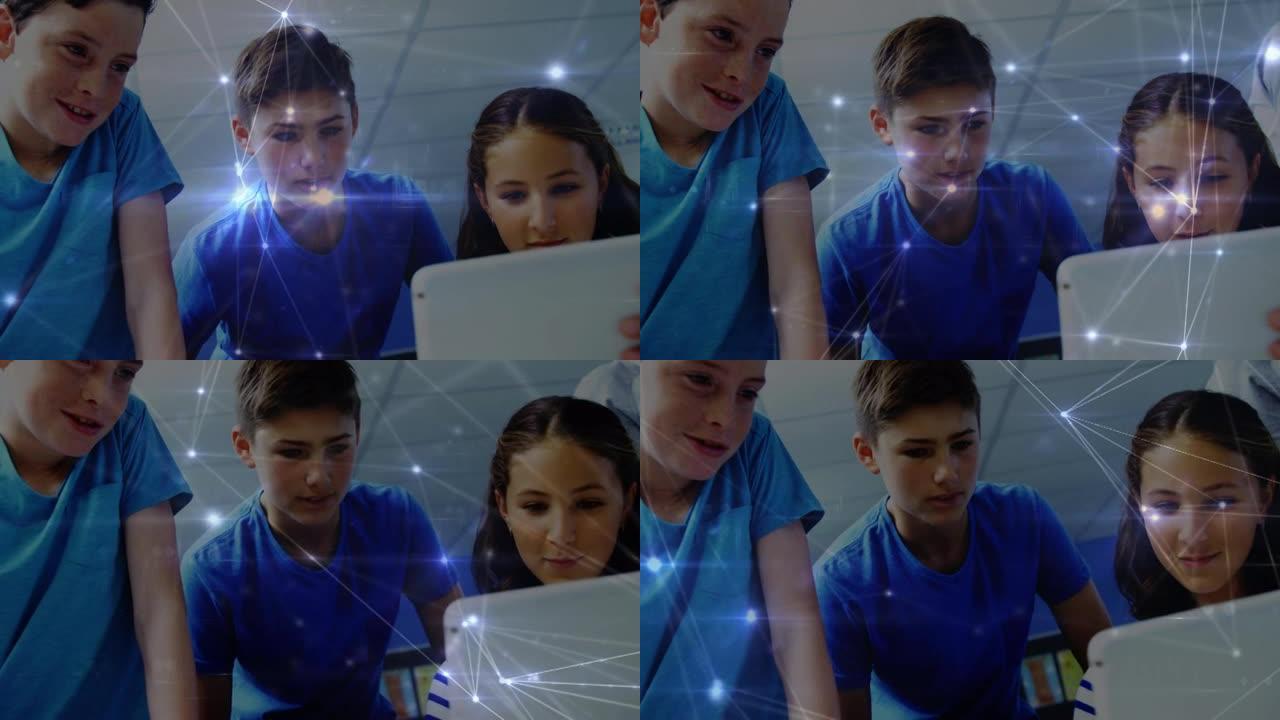 在小学使用数字平板电脑与一群学生建立联系的发光网络
