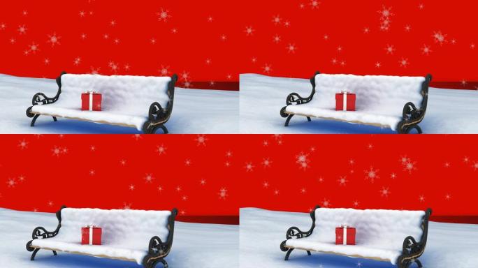 积雪覆盖的长凳上的红色圣诞节礼物飘落的动画