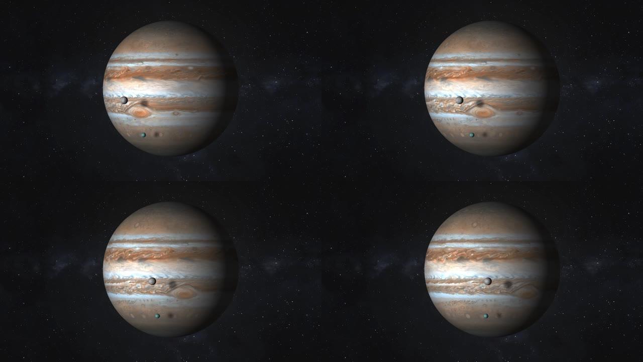 木星-太阳系中旋转的行星木星及其卫星在黑暗空间中的高分辨率3D镜头