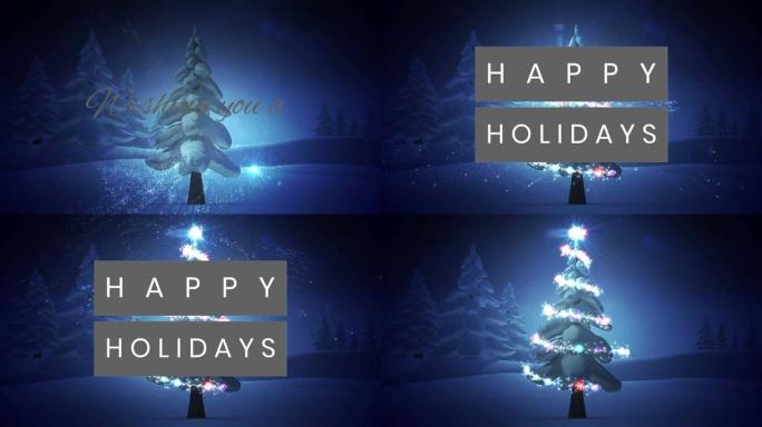 圣诞树和冬季风景上的圣诞节问候动画