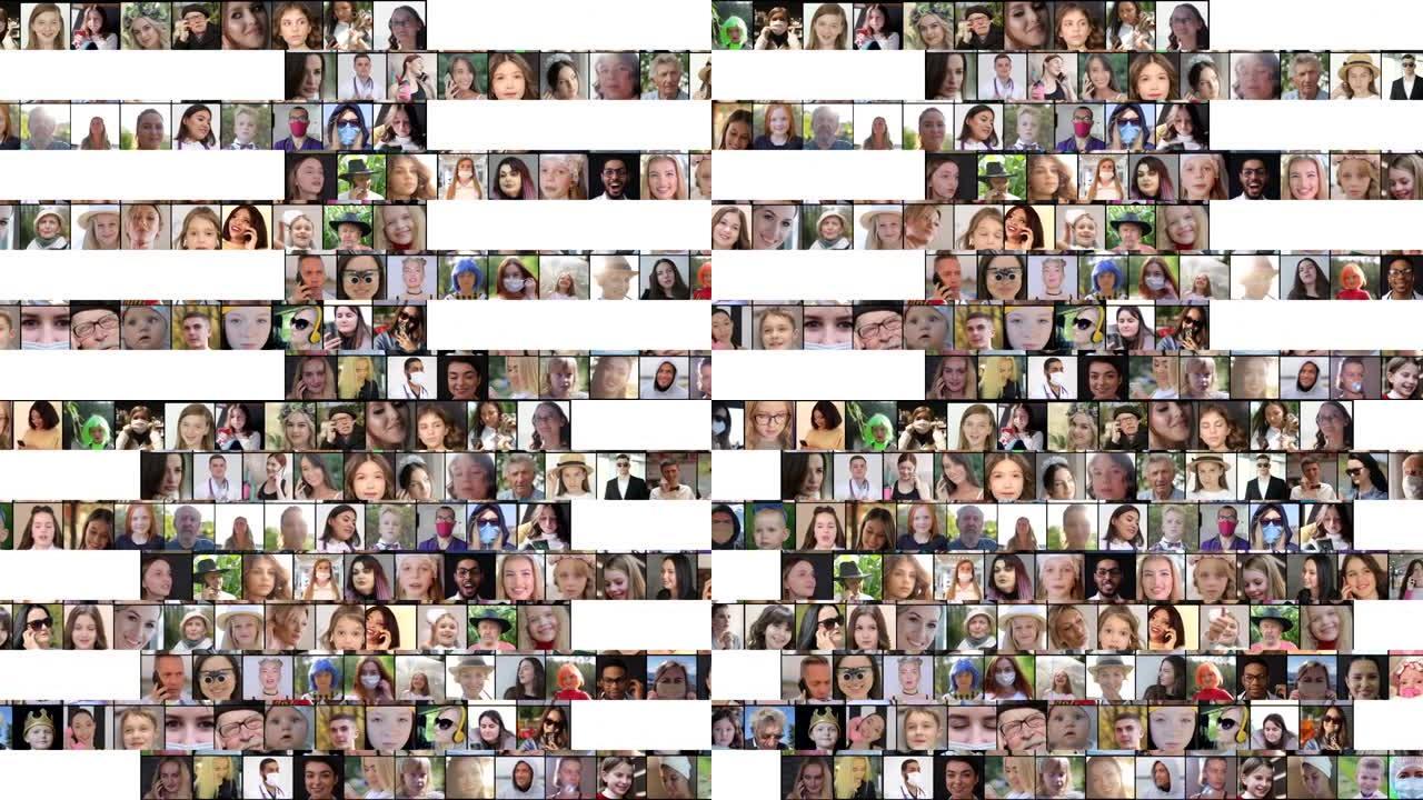 所有年龄和职业的快乐欧洲和拉丁美洲人民的面孔。多屏幕编辑，拼贴肖像。