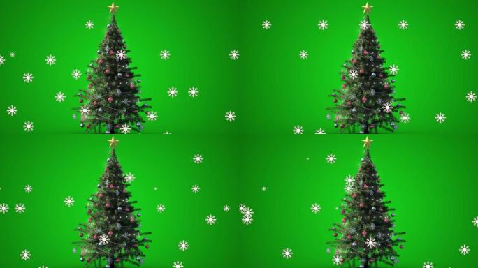绿色背景上的雪花和圣诞树的动画