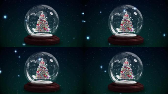 黑暗背景上的圣诞树上的雪球动画