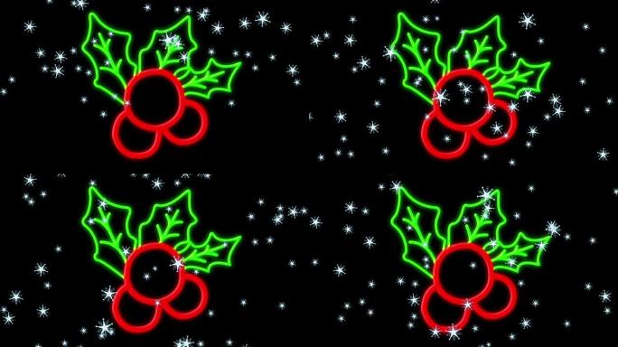 黑色背景上圣诞节霓虹灯装饰上的雪的动画