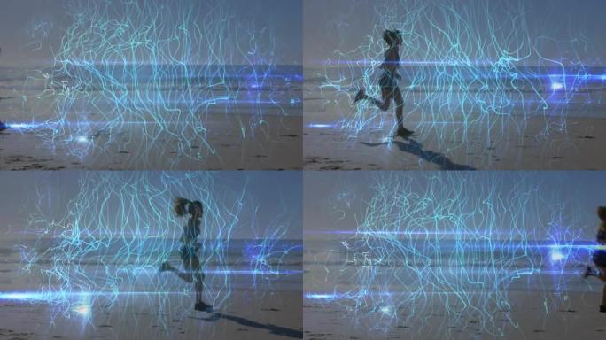 在海滩上奔跑的白人妇女身上的蓝线动画
