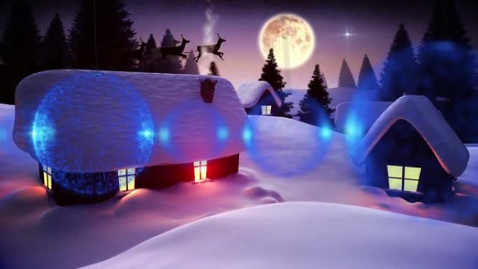 蓝色的摆设装饰悬挂在房屋和树木上，在夜空中与月亮的冬季景观