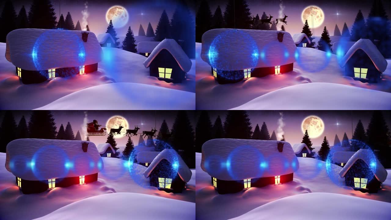 蓝色的摆设装饰悬挂在房屋和树木上，在夜空中与月亮的冬季景观