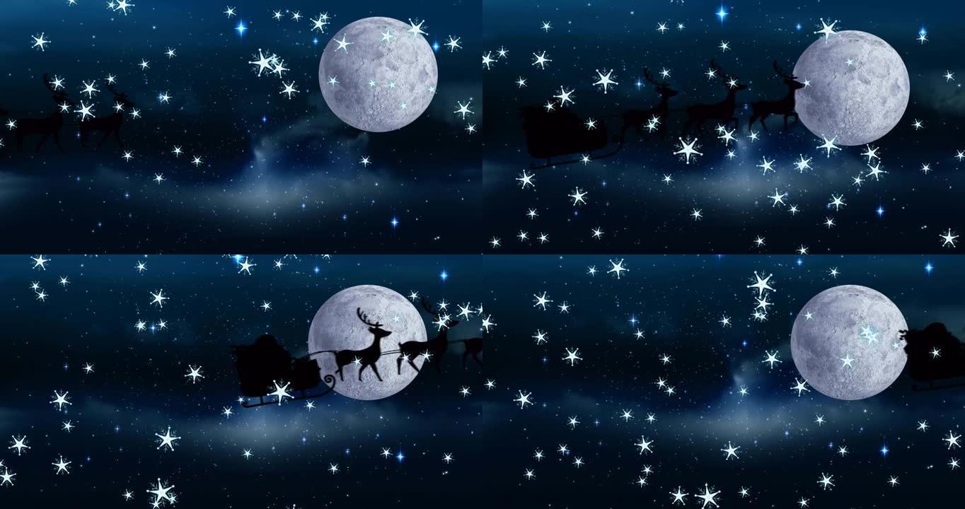 圣诞老人在圣诞节与驯鹿雪橇上的动画，飘雪，月亮和天空