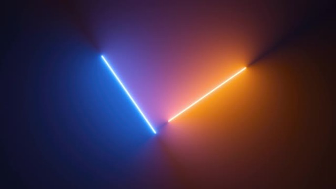 4k循环3d动画，带有旋转的发光线条的抽象霓虹灯背景。用蓝色橙色发光灯照明的深色墙壁