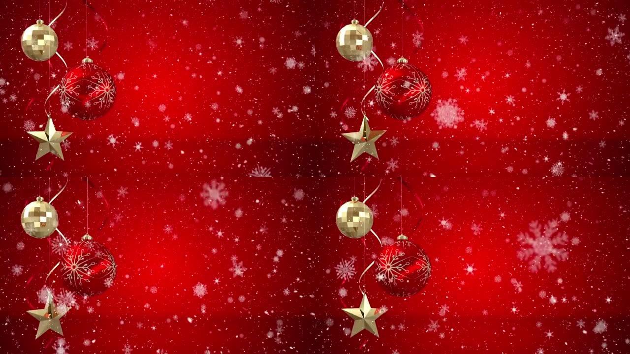 雪落在红色和金色圣诞小玩意装饰上的动画