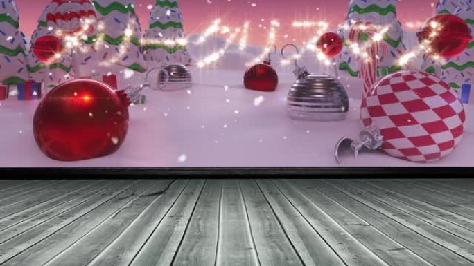 亚洲圣诞文本动画，圣诞装饰品，冬季景观和木板