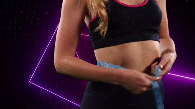 女性在旋转紫色霓虹灯扫描仪上测量腰部的动画