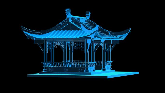 中式风格八角亭全息蓝色科技通道素材