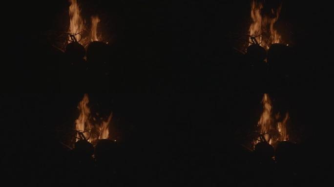 晚上用燃烧的木头篝火。