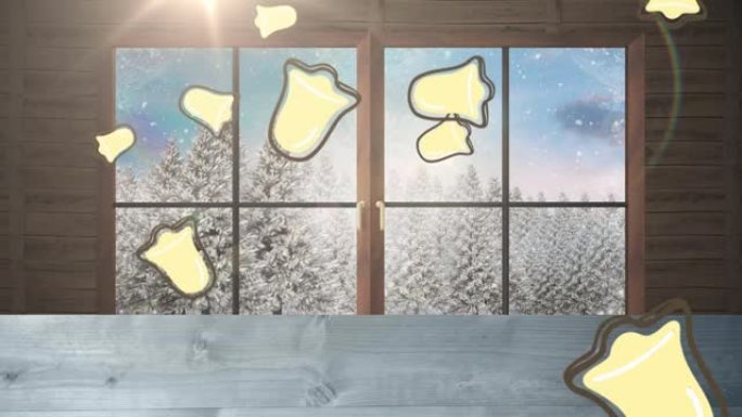 多个钟形图标落在木板和窗框上，抵御冬季景观