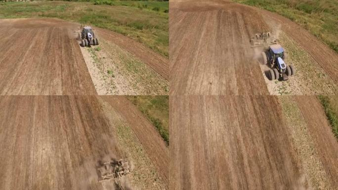 拖拉机栽培麦茬田的鸟瞰图