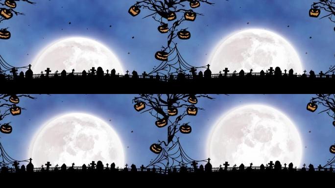 蓝色背景上悬挂树枝、万圣节墓地和月亮的杰克o灯笼动画