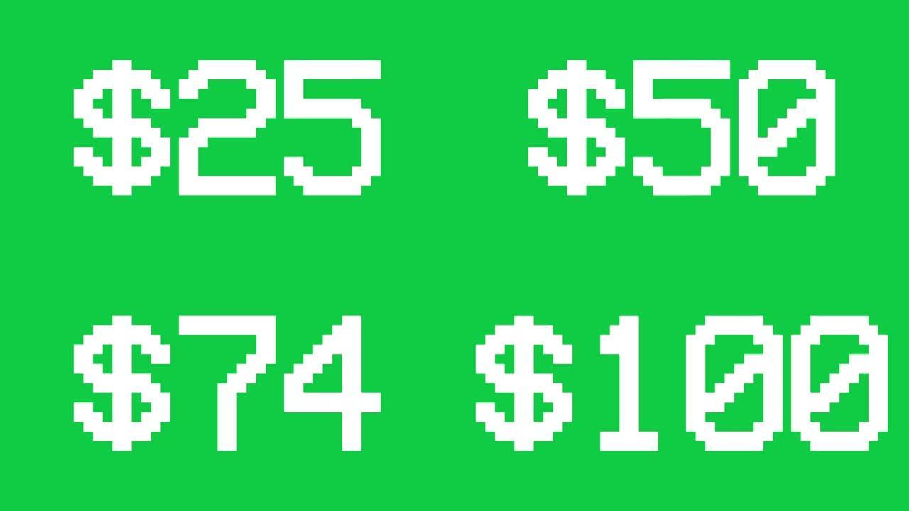 绿色背景美元从0上升到100-数字计数器数字0-100-以百分比加载进度条-0-100 $-从100