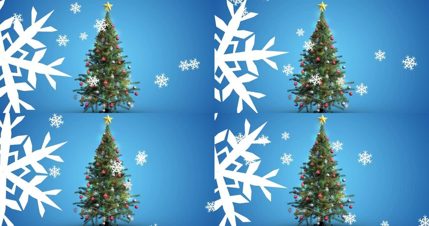 圣诞树和雪落在蓝色背景上的动画