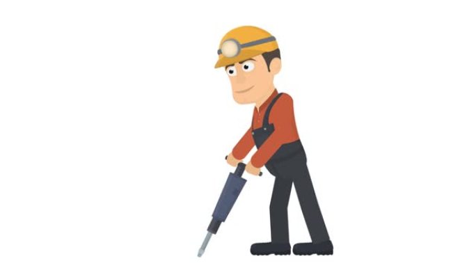 矿工。一个拿着手提钻的工人的动画。卡通