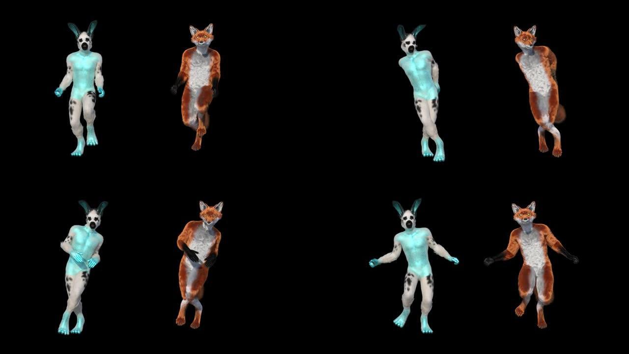 3d cosplay狐狸和野兔角色跳舞，动画，透明背景