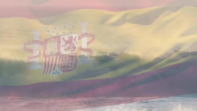 西班牙国旗吹过海滩海景的动画