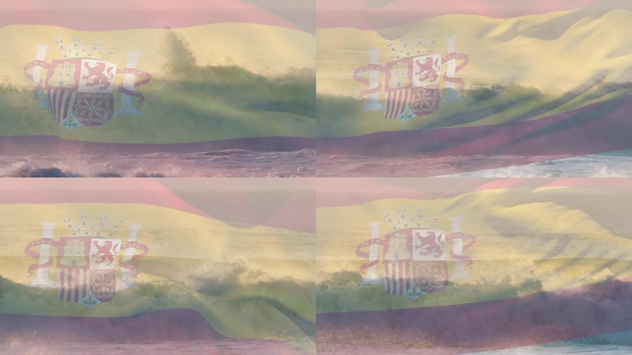 西班牙国旗吹过海滩海景的动画