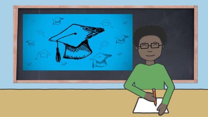 男生在黑板上做笔记的动画，蓝色背景上有学校项目图标