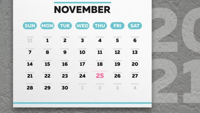闪烁的感恩节日期出现在挂历2021的美丽11月页面上