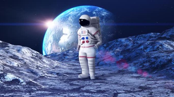 一名宇航员困惑地环顾四周。背景上的地球。