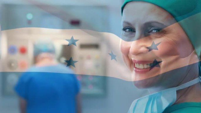 洪都拉斯国旗在医院里挥舞着快乐的女医生的动画