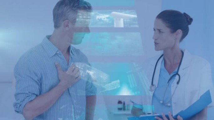 高加索女医生与患者交谈的数字屏幕动画