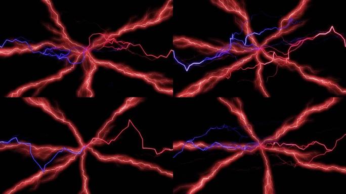 红色闪电上的红色和蓝色电流的动画在黑色背景上闪烁