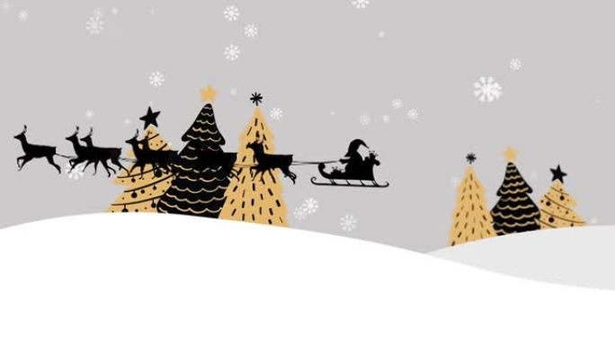 圣诞老人在雪橇上的动画与驯鹿在雪花和杉树上的灰色背景