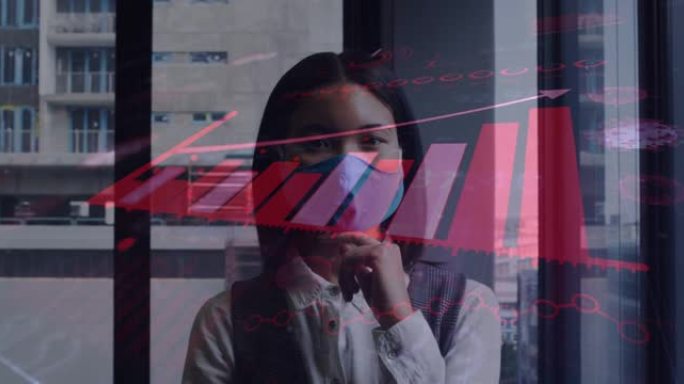 办公室戴着口罩的亚洲女商人的财务数据处理动画
