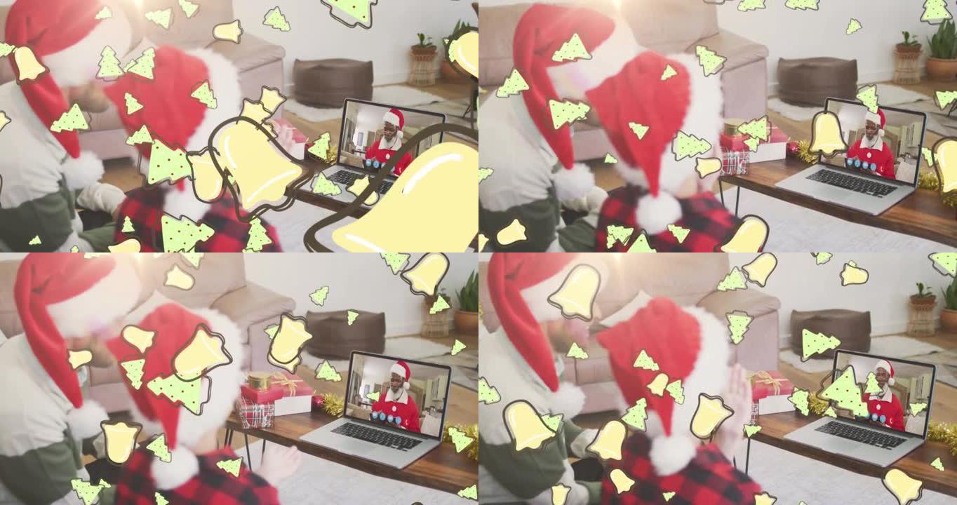 在笔记本电脑视频通话中，戴着圣诞老人帽子的高加索父亲和儿子的圣诞节饼干动画