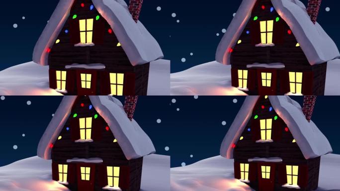 带有圣诞节装饰的积雪落在房屋上的动画