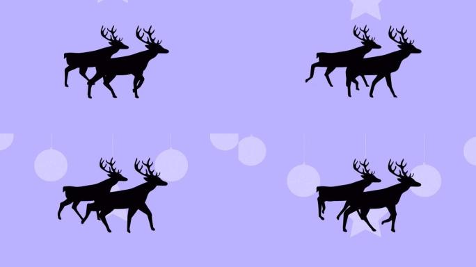 紫色背景上两只驯鹿走过圣诞挂饰的黑色剪影