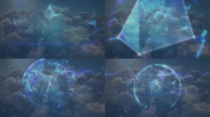 背景云层上的地球连接网络动画