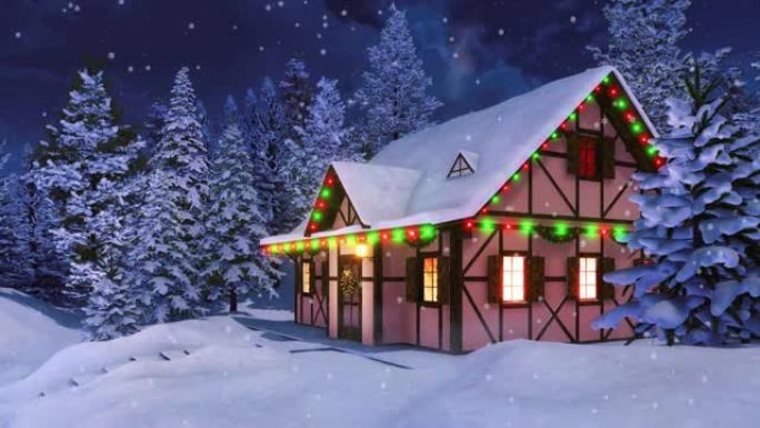 雪天冬夜3D带圣诞装饰的舒适乡村住宅