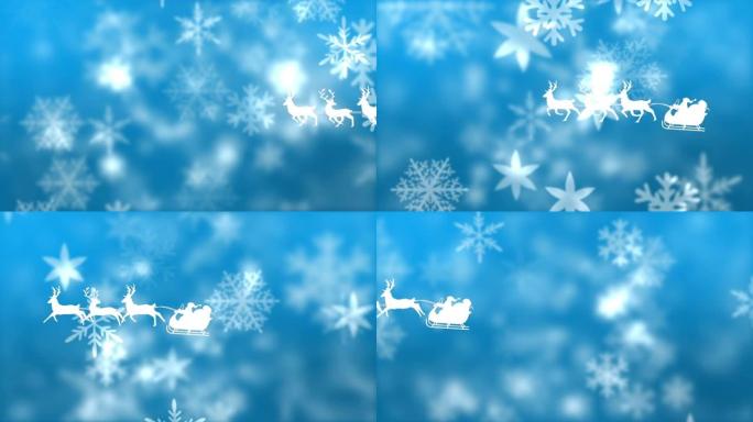 雪橇上的圣诞老人被驯鹿拉到蓝色背景上漂浮的雪花上