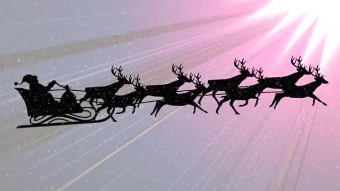 雪落在雪橇上的圣诞老人上，被驯鹿拉到粉红色的小径上
