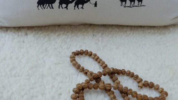 马拉和摩洛哥靠垫在贝尼欧兰风格的正宗传统手工摩洛哥柏柏尔地毯上。摩洛哥家居装饰，纹理背景素材。