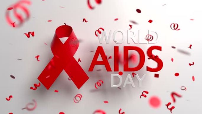 世界艾滋病日概念与红丝带和落下的五彩纸屑。循环3D动画背景