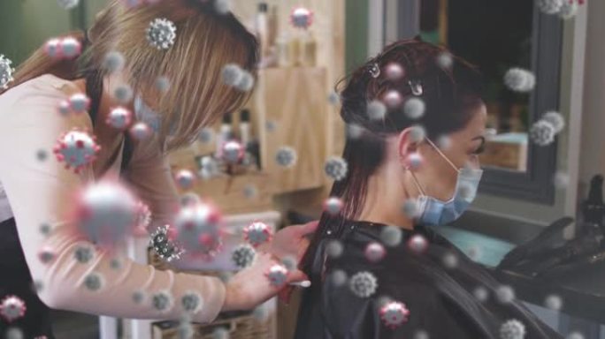 高加索女性美发师和戴口罩的妇女身上冠状病毒细胞的动画
