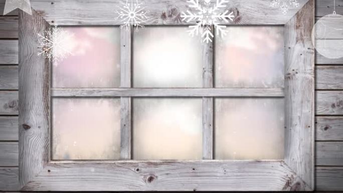 透过窗户看到冬天风景的雪花和圣诞节装饰的动画